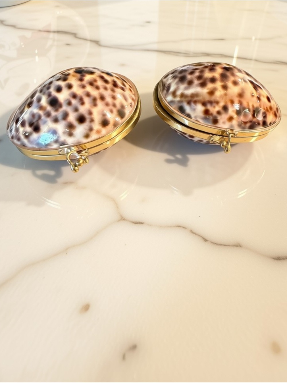 Vintage brass Trinket Pill Box Natural Tiger Cowry Seashell Shell Coin Purse set